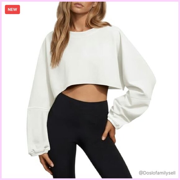 Cropped Crew Neck Sweatshirt Oversized Balloon Sleeve Loose Fit Casual Chic - Picture 2 of 8